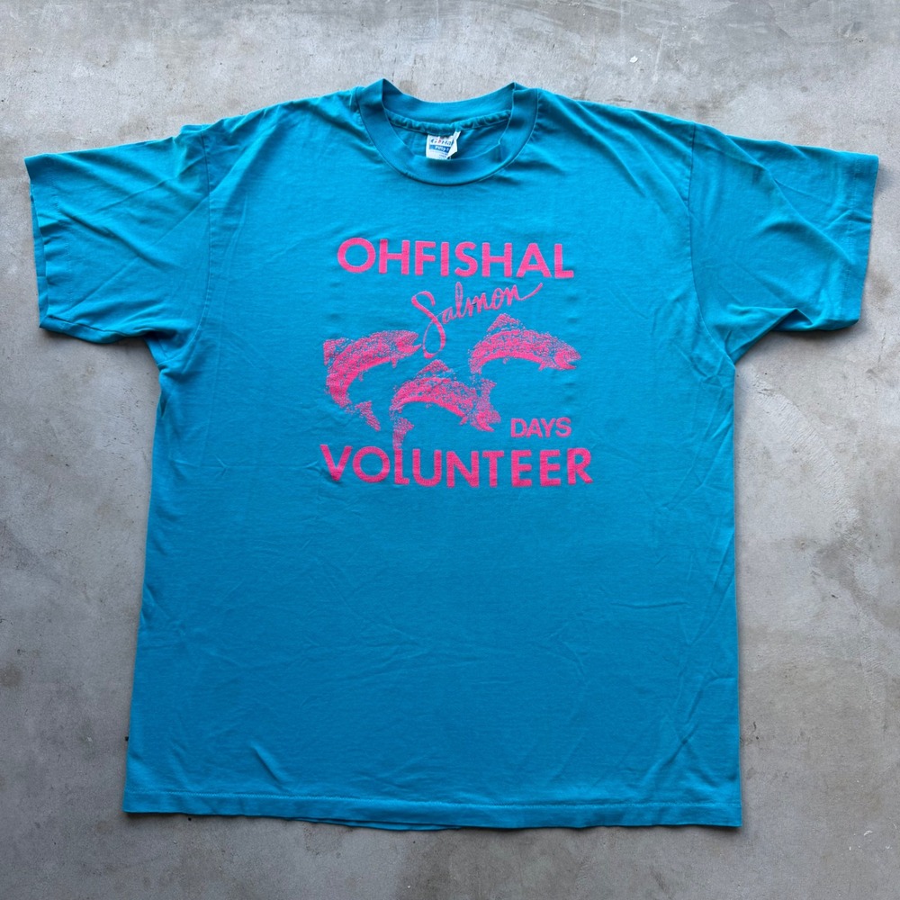 Vintage Hanes Salmon Days Volunteer T-Shirt Teal Pink XL Single Stitch 80s 90s